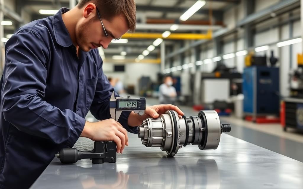 Quality control inspection of a finished part with digital caliper