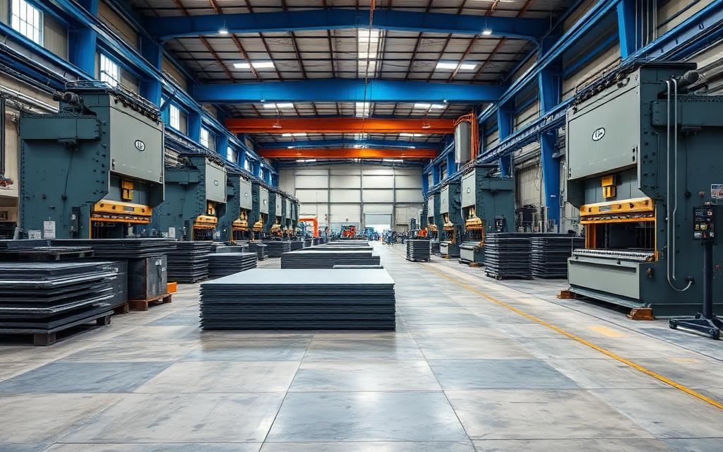 MV Auto Parts press shop with hydraulic stamping presses and steel sheet blanks